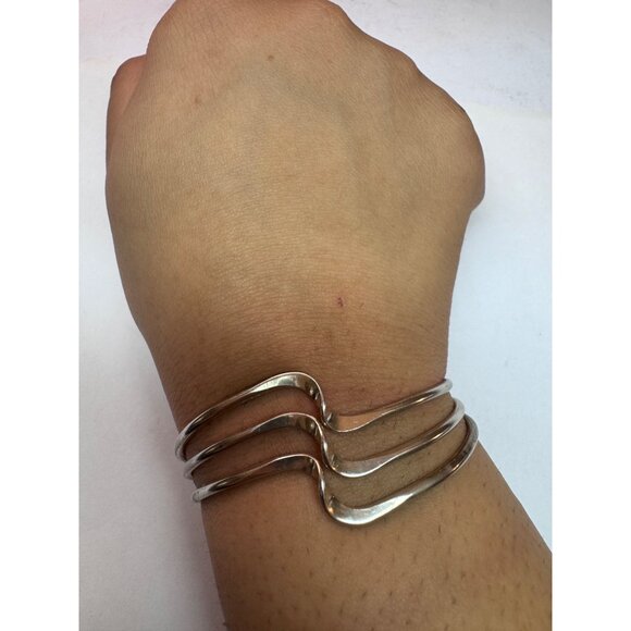 Estate Sterling Silver 925 Triple Wave Cuff Bracelet 6.5” Vintage Modernist - Picture 1 of 11